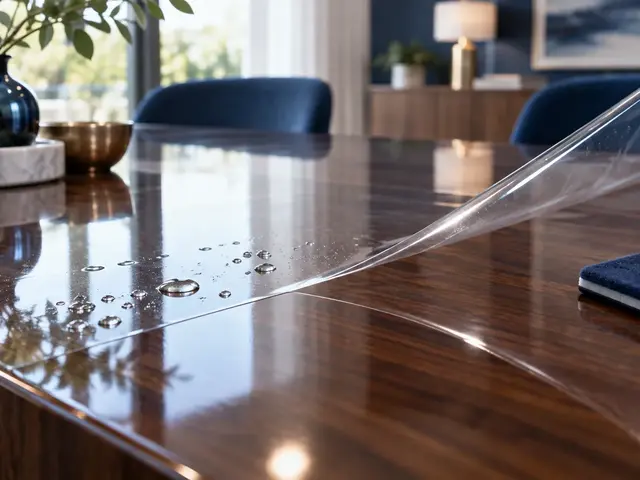 Clear TPU protection film lifted at the edge of a glossy dark walnut table