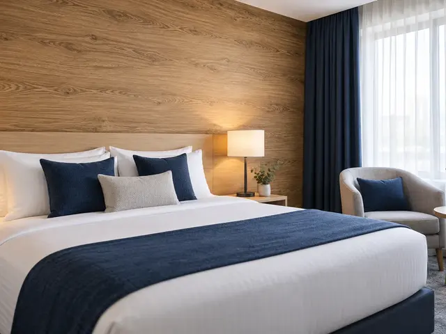 Wood grain self-adhesive wallpaper on a hotel guest-room feature wall