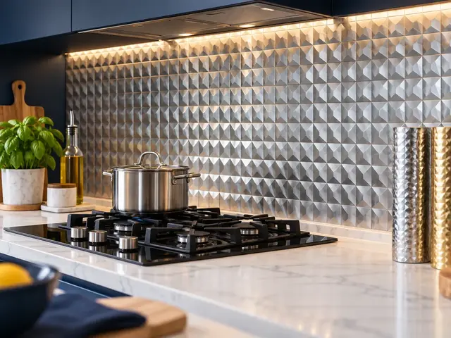 Silver embossed aluminium foil kitchen backsplash with metallic foil rolls on the counter
