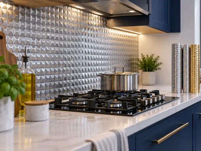 Silver embossed aluminium foil kitchen backsplash with metallic foil rolls on the counter — alternative view