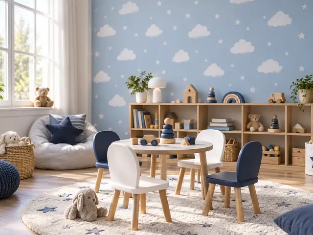 Cloud and star patterned wallpaper in a bright nursery with low wooden shelving — alternative view