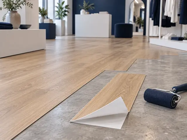Light oak-effect self-adhesive vinyl planks being laid in a retail pop-up shop