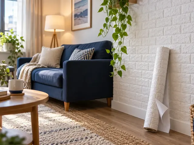 White brick-effect wallpaper and a partly unrolled peel-and-stick roll in a rental apartment