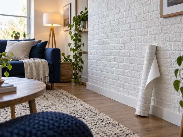 White brick-effect wallpaper and a partly unrolled peel-and-stick roll in a rental apartment — alternative view
