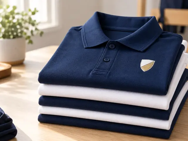 Folded navy and white polo shirts with a small abstract white and gold chest transfer