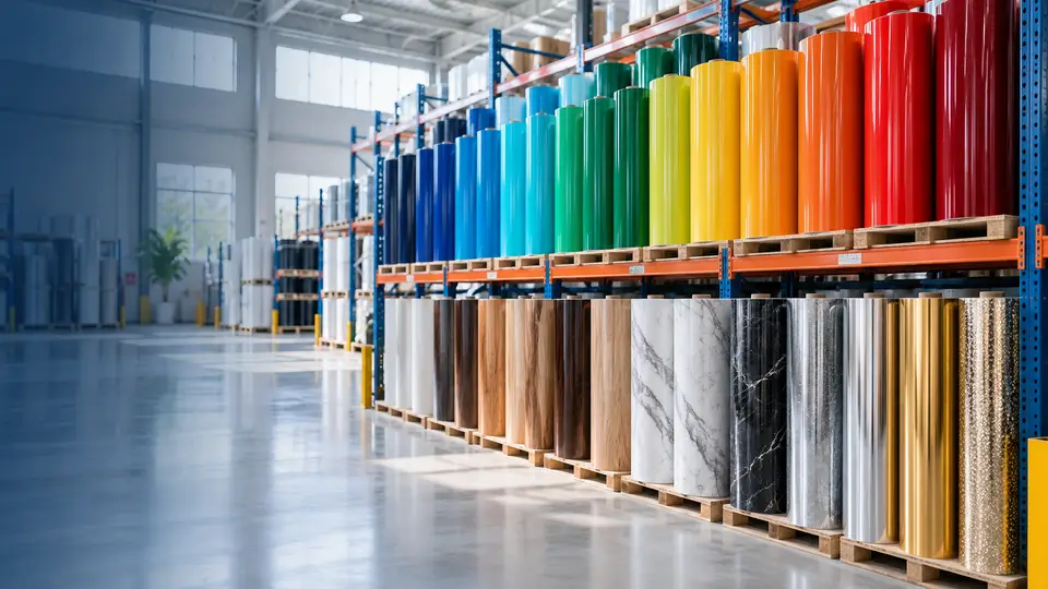 Rolls of colour cutting vinyl, wood grain and marble decorative film in the Shanghai Mars warehouse