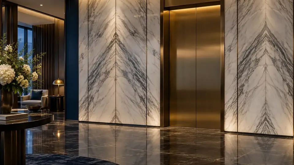 Book-matched marble-effect wall panels beside a brass lift door in a hotel lobby
