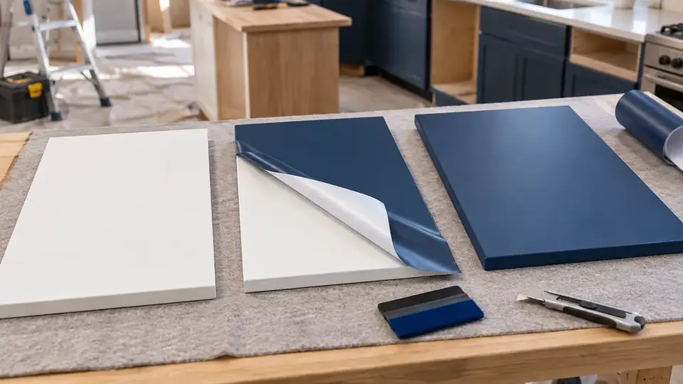 Cabinet doors at different stages of wrapping with matte navy self-adhesive furniture film
