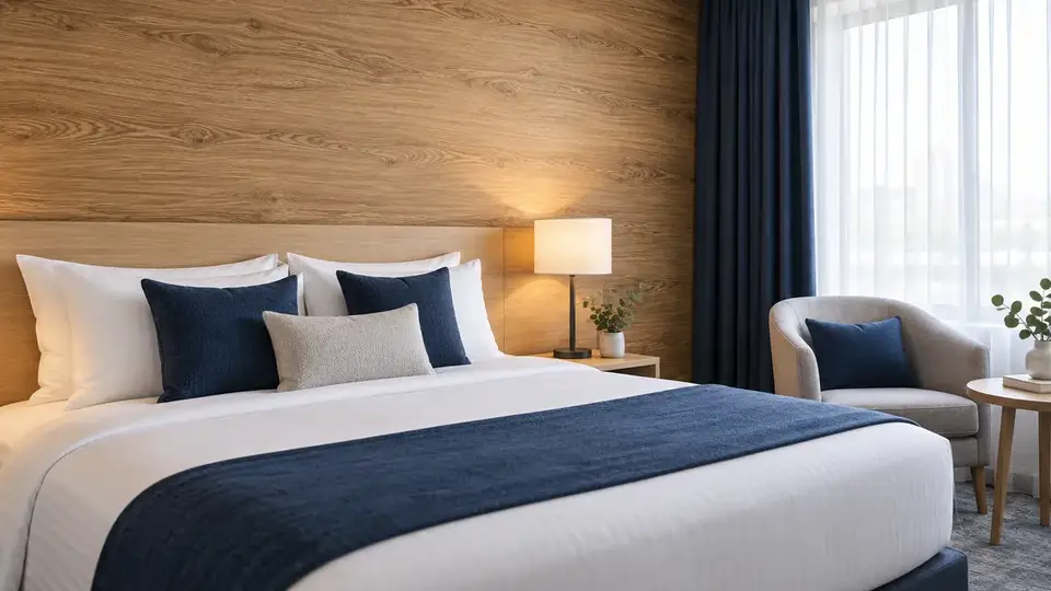 Wood grain self-adhesive wallpaper on a hotel guest-room feature wall