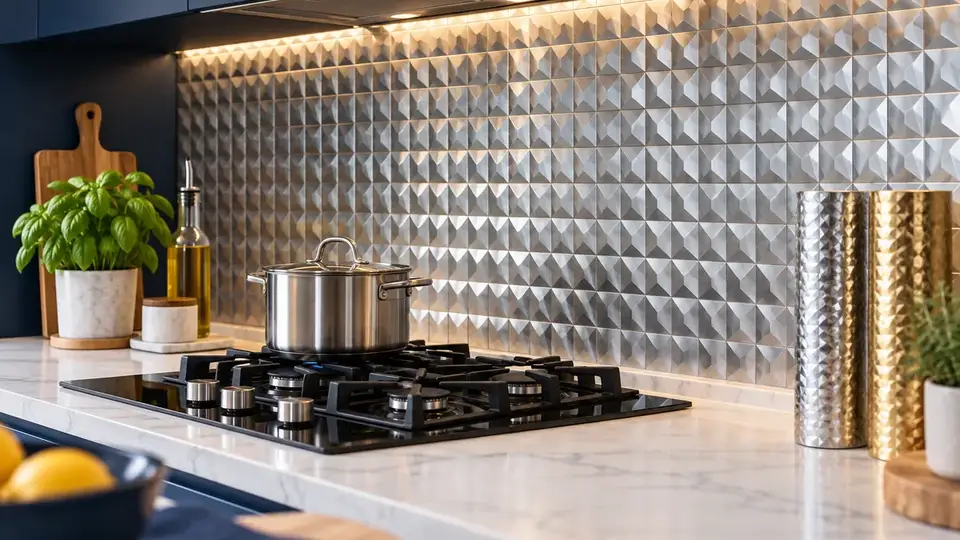 Silver embossed aluminium foil kitchen backsplash with metallic foil rolls on the counter