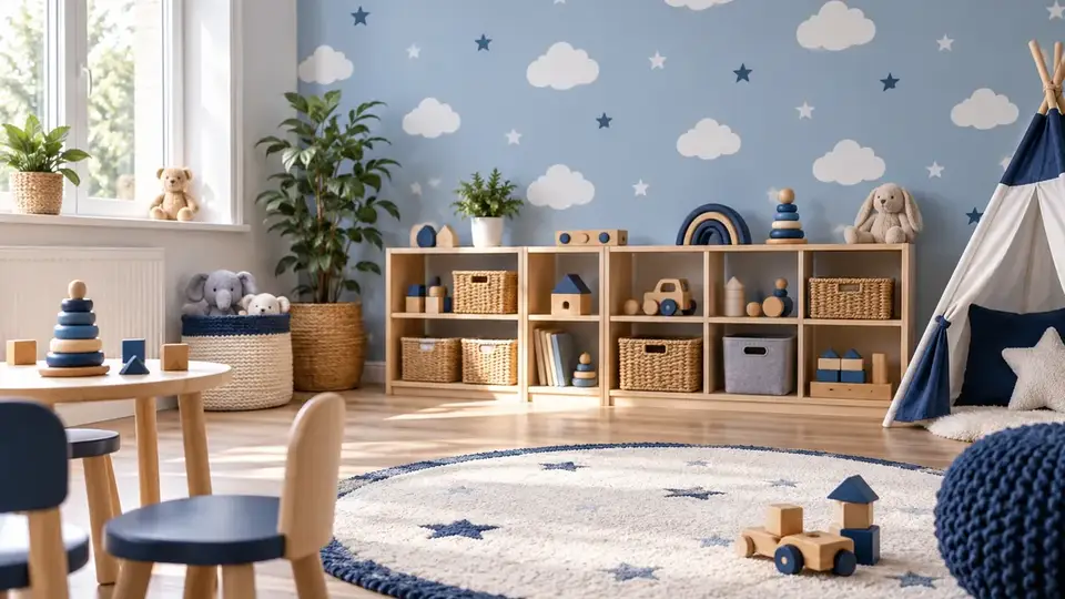 Cloud and star patterned wallpaper in a bright nursery with low wooden shelving