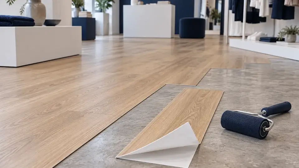 Light oak-effect self-adhesive vinyl planks being laid in a retail pop-up shop
