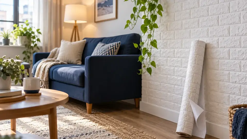 White brick-effect wallpaper and a partly unrolled peel-and-stick roll in a rental apartment